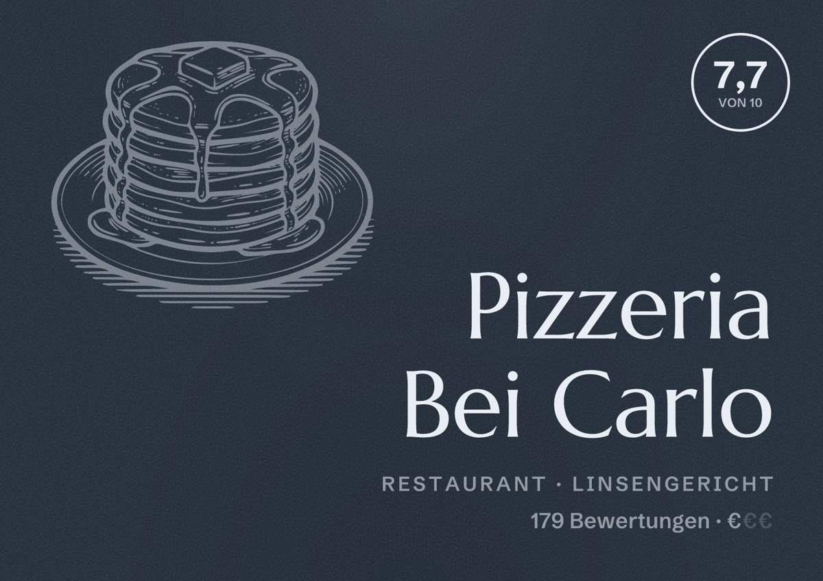 Illustriertes Poster von Pizzeria Bei Carlo, Restaurant in Linsengericht: Bewertung 7,7 von 10 aus 179 Bewertungen, Preisniveau €