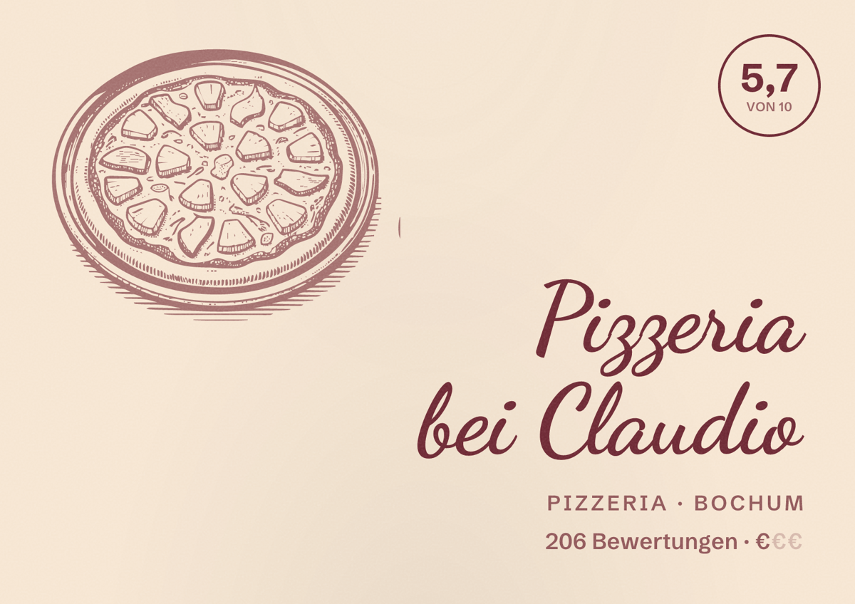Illustriertes Poster von Pizzeria bei Claudio, Pizzeria in Bochum: Bewertung 5,7 von 10 aus 206 Bewertungen, Preisniveau €