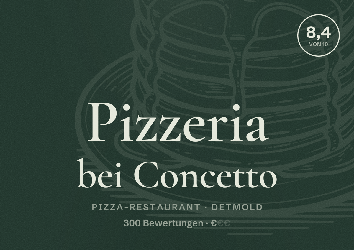 Illustriertes Poster von Pizzeria bei Concetto, Pizza-Restaurant in Detmold: Bewertung 8,4 von 10 aus 300 Bewertungen, Preisniveau €