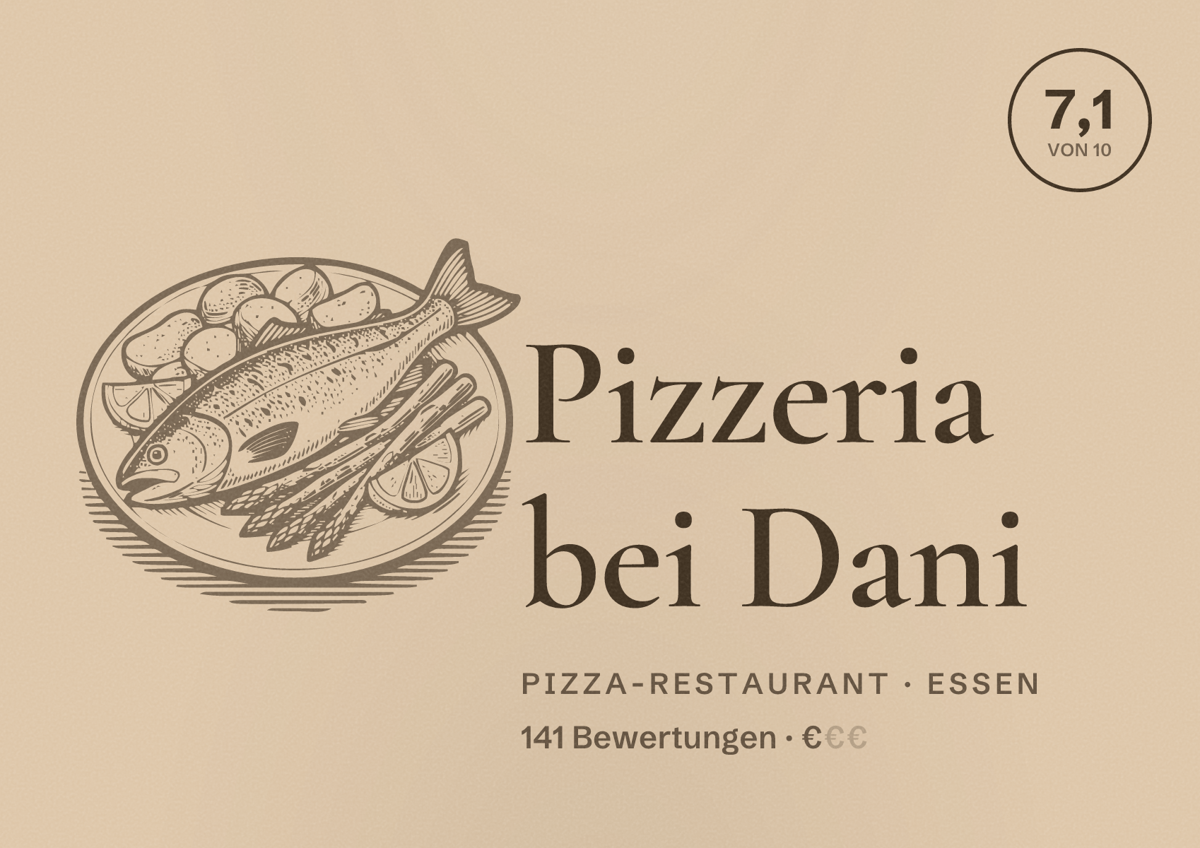 Illustriertes Poster von Pizzeria bei Dani, Pizza-Restaurant in Essen: Bewertung 7,1 von 10 aus 141 Bewertungen, Preisniveau €