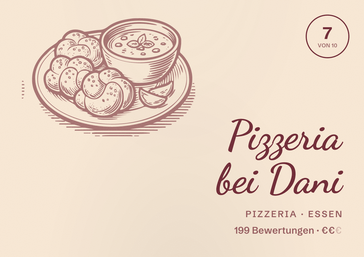 Illustriertes Poster von Pizzeria bei Dani, Pizzeria in Essen: Bewertung 7 von 10 aus 199 Bewertungen, Preisniveau €€