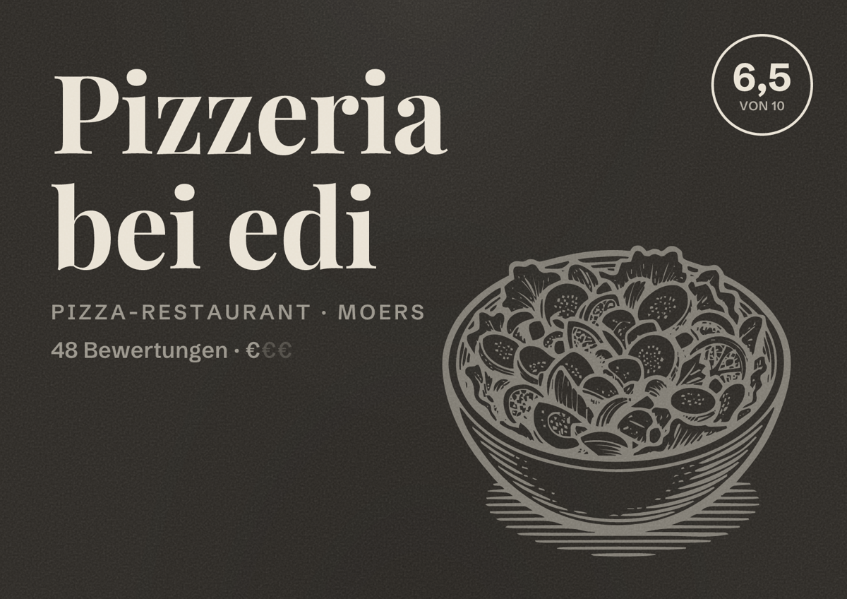 Illustriertes Poster von Pizzeria bei edi, Pizza-Restaurant in Moers: Bewertung 6,5 von 10 aus 48 Bewertungen, Preisniveau €