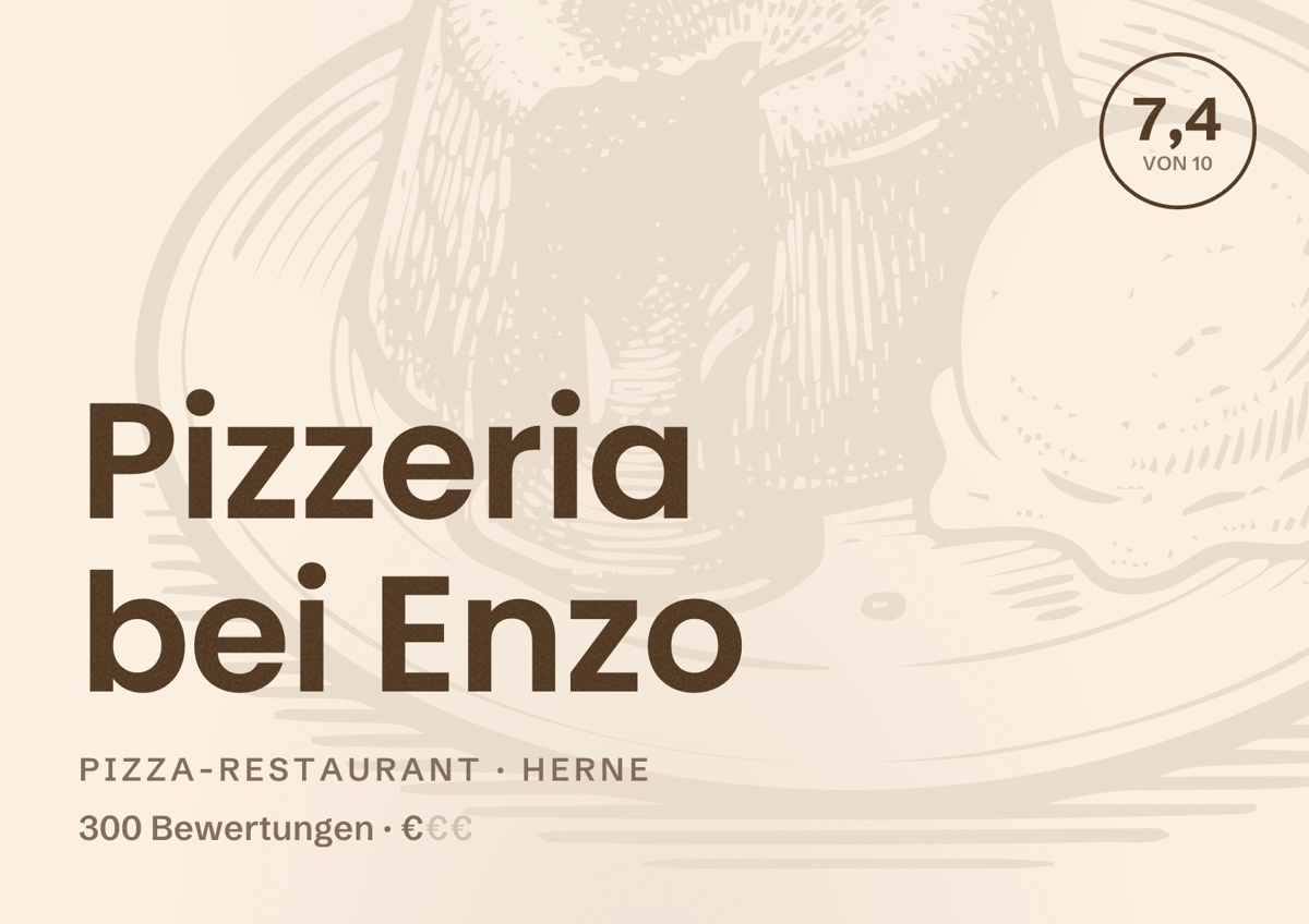 Illustriertes Poster von Pizzeria bei Enzo, Pizza-Restaurant in Herne: Bewertung 7,4 von 10 aus 300 Bewertungen, Preisniveau €