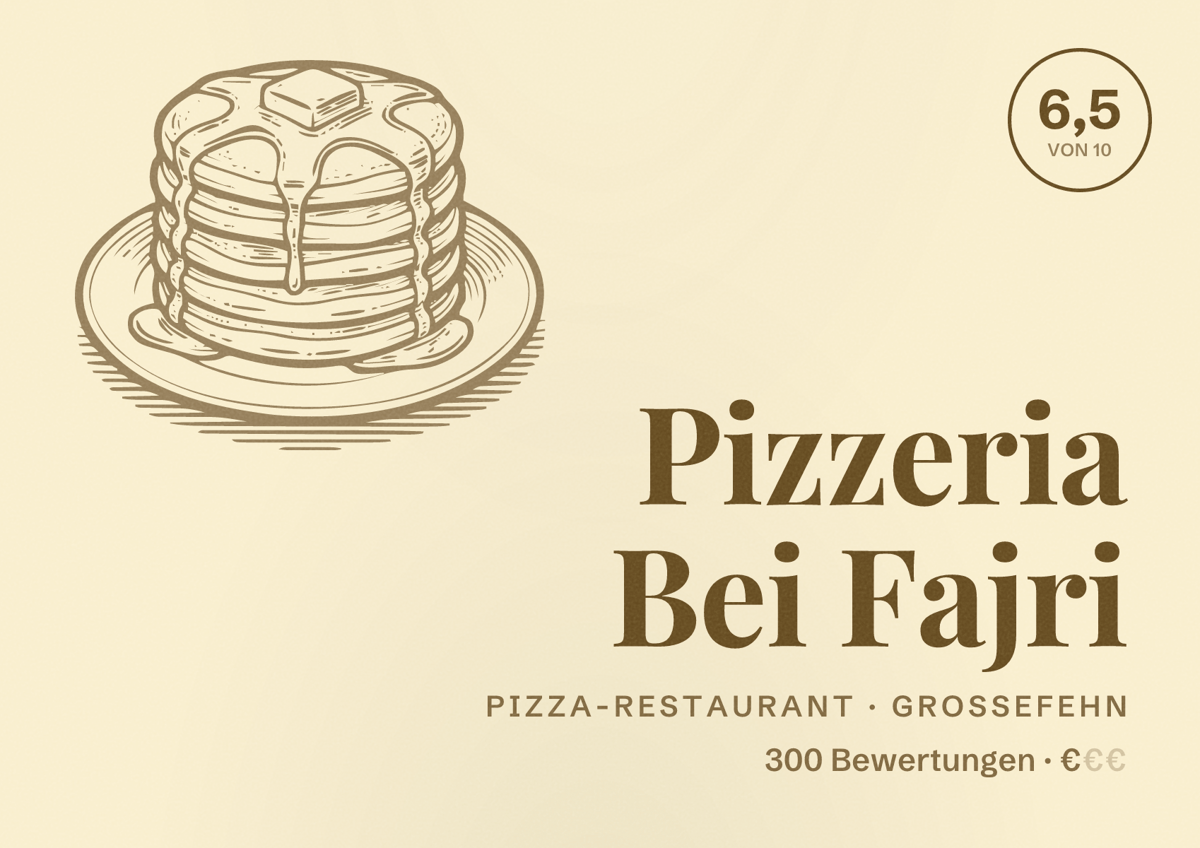Illustriertes Poster von Pizzeria Bei Fajri, Pizza-Restaurant in Großefehn: Bewertung 6,5 von 10 aus 300 Bewertungen, Preisniveau €