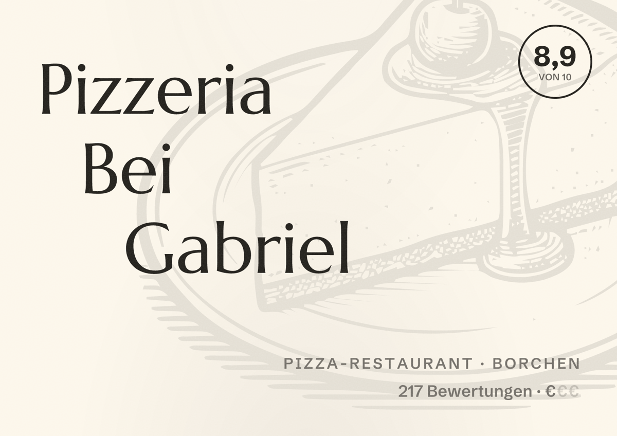 Illustriertes Poster von Pizzeria Bei Gabriel, Pizza-Restaurant in Borchen: Bewertung 8,9 von 10 aus 217 Bewertungen, Preisniveau €