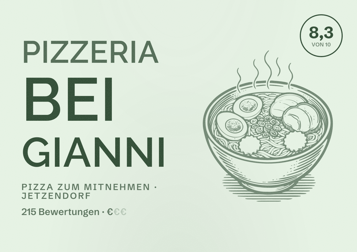 Illustriertes Poster von Pizzeria bei Gianni, Pizza zum Mitnehmen in Jetzendorf: Bewertung 8,3 von 10 aus 215 Bewertungen, Preisniveau €