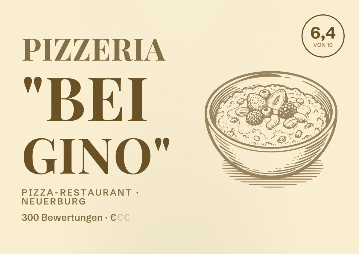 Illustriertes Poster von Pizzeria "bei Gino", Pizza-Restaurant in Neuerburg: Bewertung 6,4 von 10 aus 300 Bewertungen, Preisniveau €
