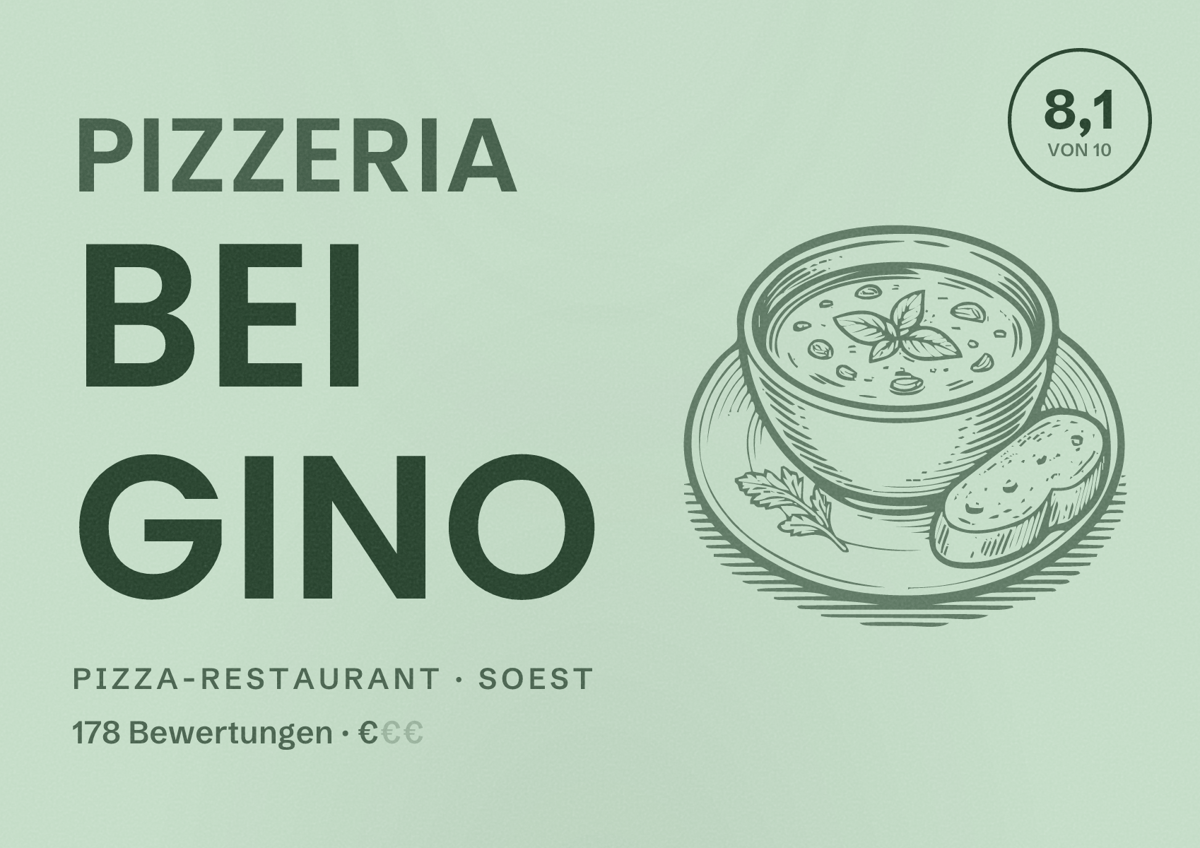 Illustriertes Poster von Pizzeria Bei Gino, Pizza-Restaurant in Soest: Bewertung 8,1 von 10 aus 178 Bewertungen, Preisniveau €