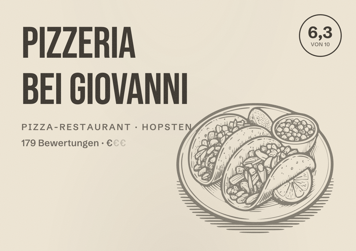 Illustriertes Poster von Pizzeria bei Giovanni, Pizza-Restaurant in Hopsten: Bewertung 6,3 von 10 aus 179 Bewertungen, Preisniveau €