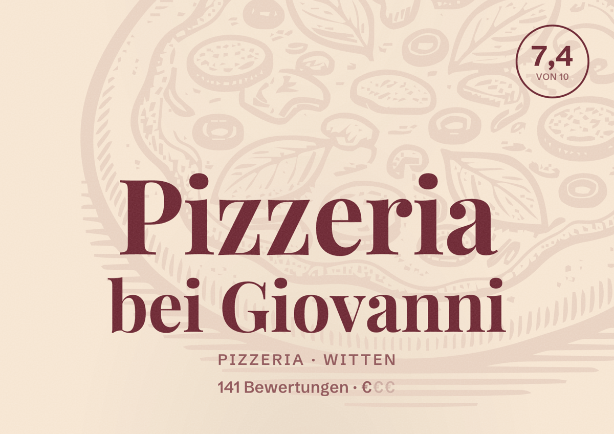 Illustriertes Poster von Pizzeria bei Giovanni, Pizzeria in Witten: Bewertung 7,4 von 10 aus 141 Bewertungen, Preisniveau €