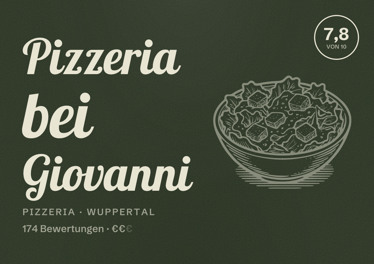 Illustriertes Poster von Pizzeria bei Giovanni, Pizzeria in Wuppertal: Bewertung 7,8 von 10 aus 174 Bewertungen, Preisniveau €€