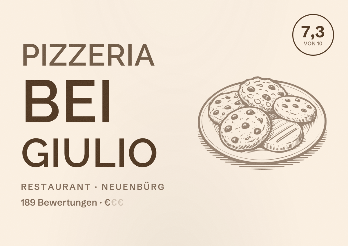Illustriertes Poster von Pizzeria Bei Giulio, Restaurant in Neuenbürg: Bewertung 7,3 von 10 aus 189 Bewertungen, Preisniveau €