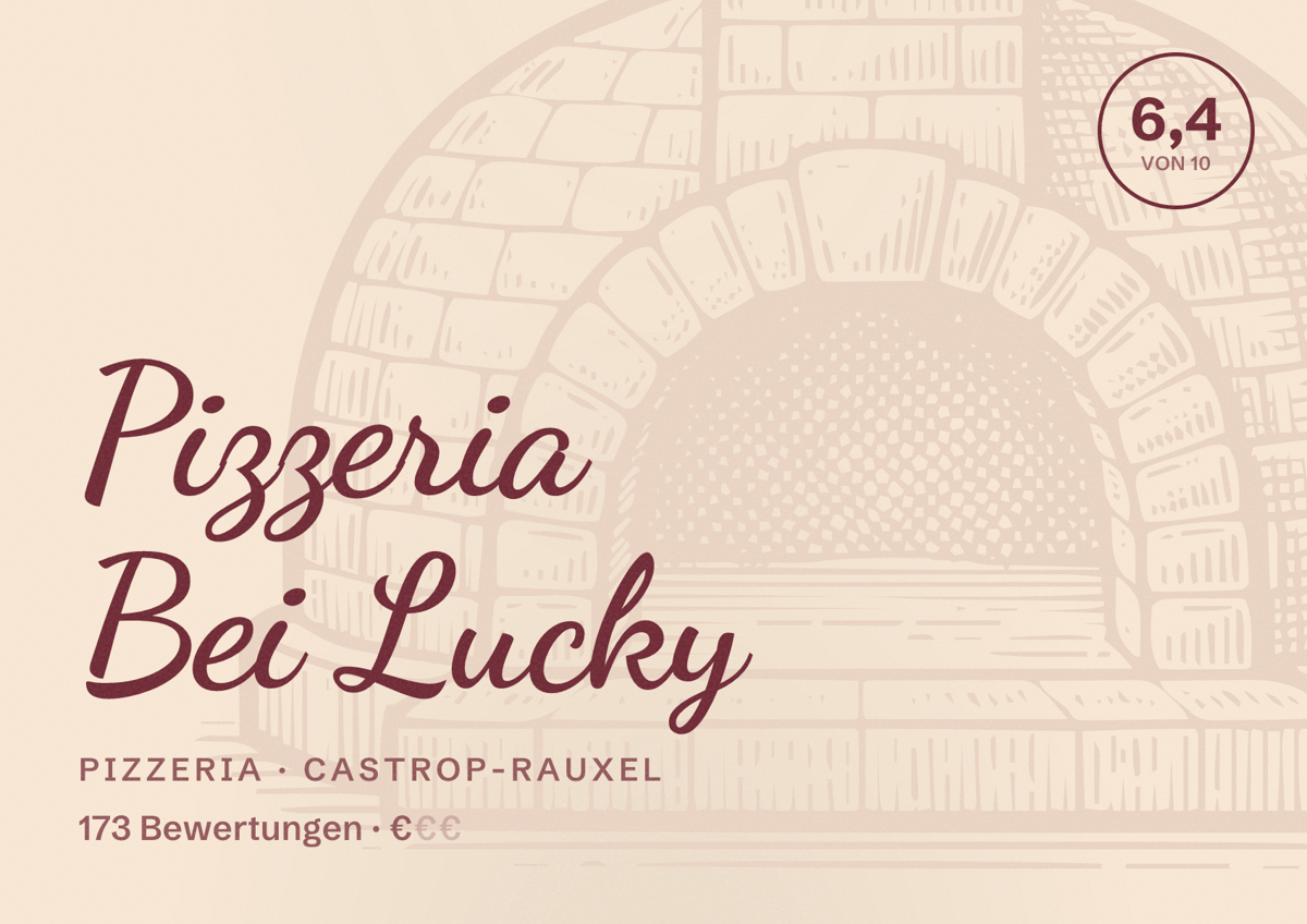 Illustriertes Poster von Pizzeria Bei Lucky, Pizzeria in Castrop-Rauxel: Bewertung 6,4 von 10 aus 173 Bewertungen, Preisniveau €