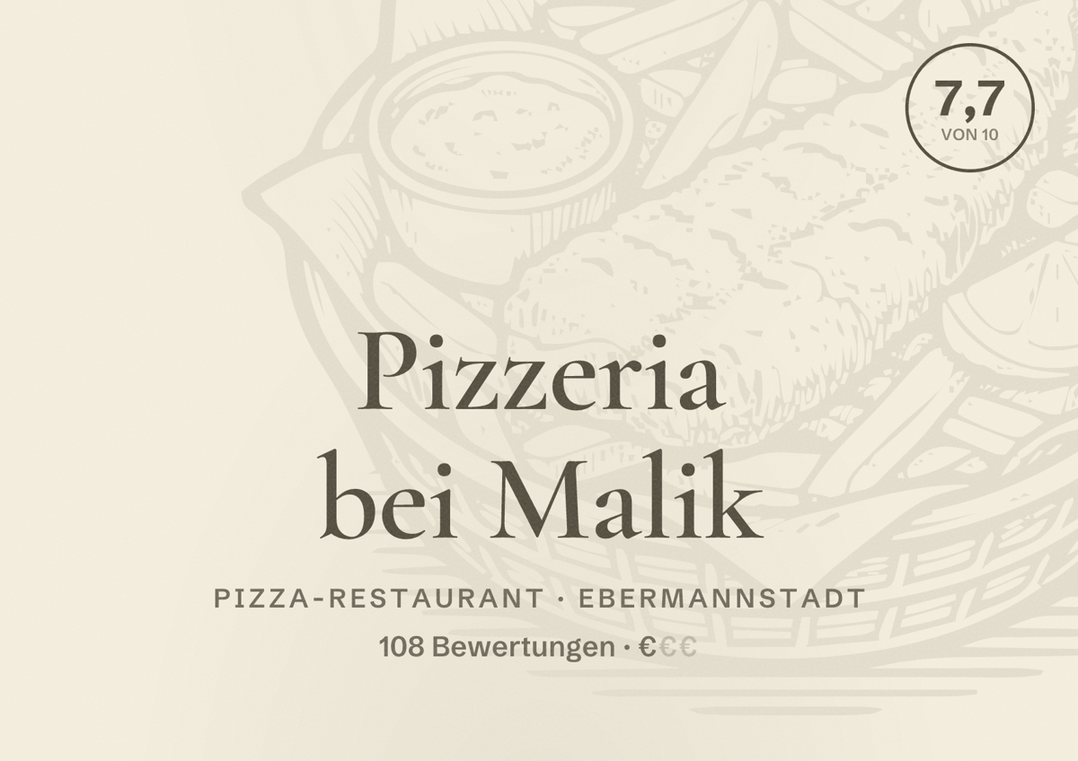 Illustriertes Poster von Pizzeria bei Malik, Pizza-Restaurant in Ebermannstadt: Bewertung 7,7 von 10 aus 108 Bewertungen, Preisniveau €
