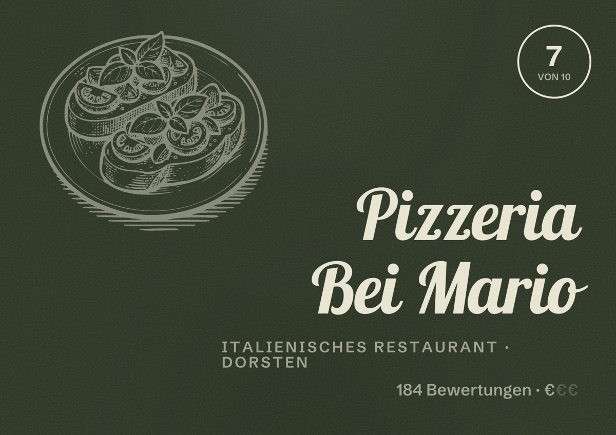 Illustriertes Poster von Pizzeria Bei Mario, Italienisches Restaurant in Dorsten: Bewertung 7 von 10 aus 184 Bewertungen, Preisniveau €