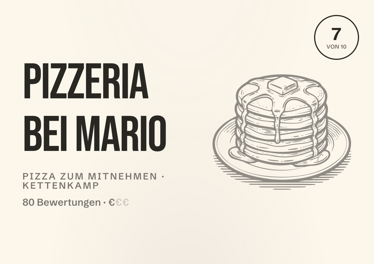 Illustriertes Poster von Pizzeria bei Mario, Pizza zum Mitnehmen in Kettenkamp: Bewertung 7 von 10 aus 80 Bewertungen, Preisniveau €