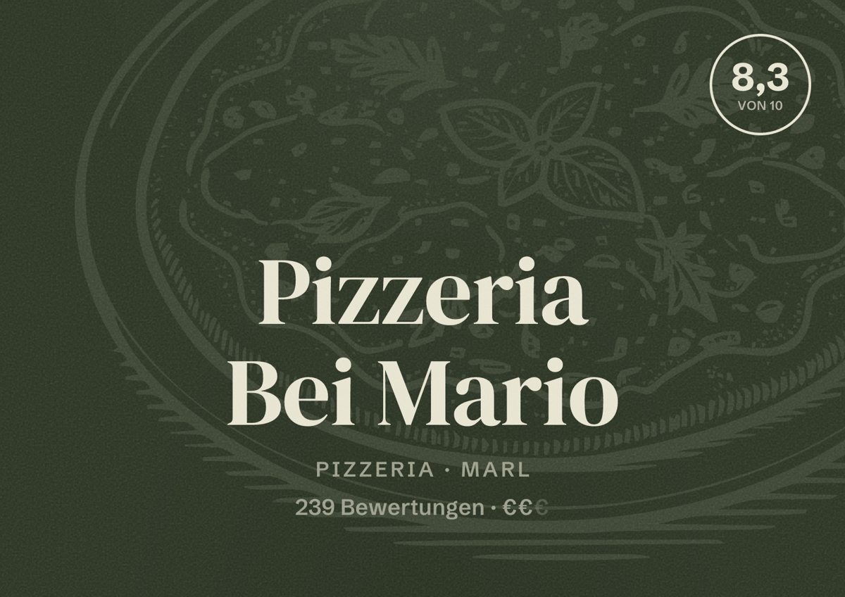 Illustriertes Poster von Pizzeria Bei Mario, Pizzeria in Marl: Bewertung 8,3 von 10 aus 239 Bewertungen, Preisniveau €€