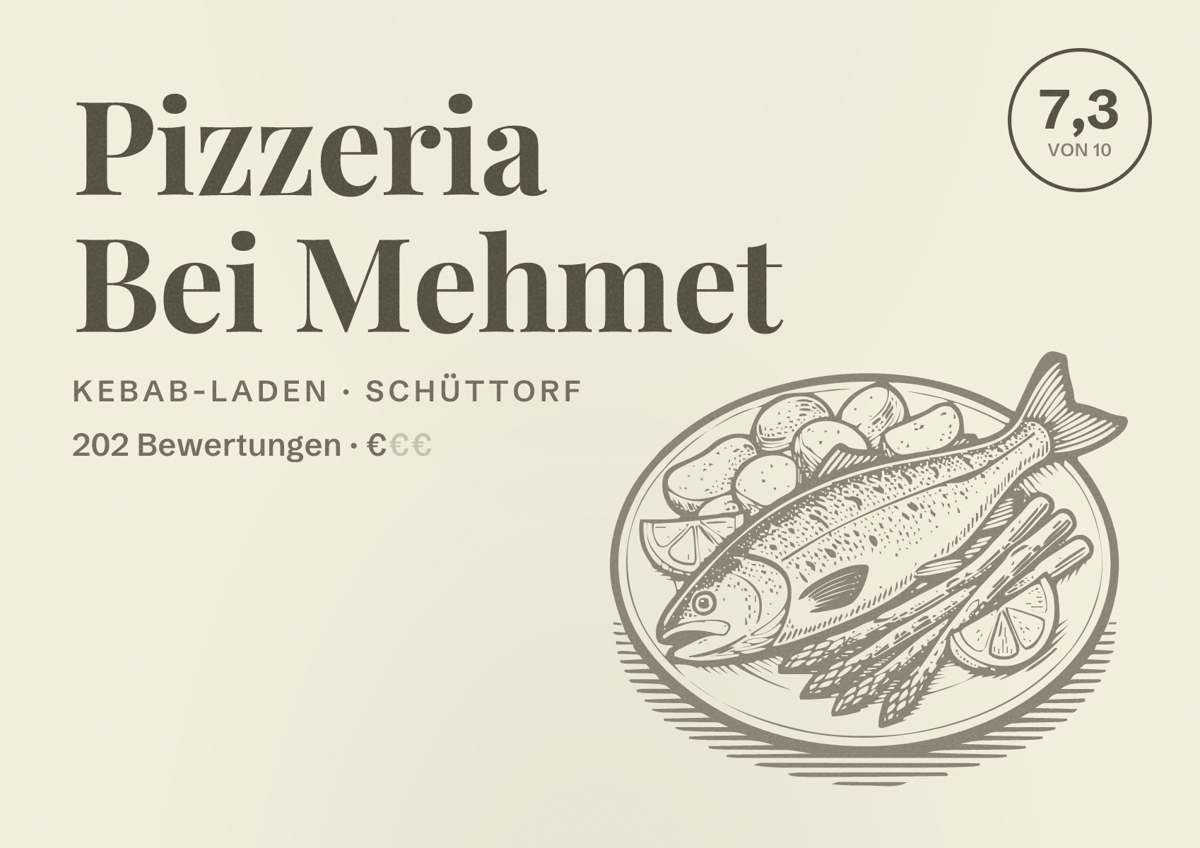 Illustriertes Poster von Pizzeria Bei Mehmet, Kebab-Laden in Schüttorf: Bewertung 7,3 von 10 aus 202 Bewertungen, Preisniveau €