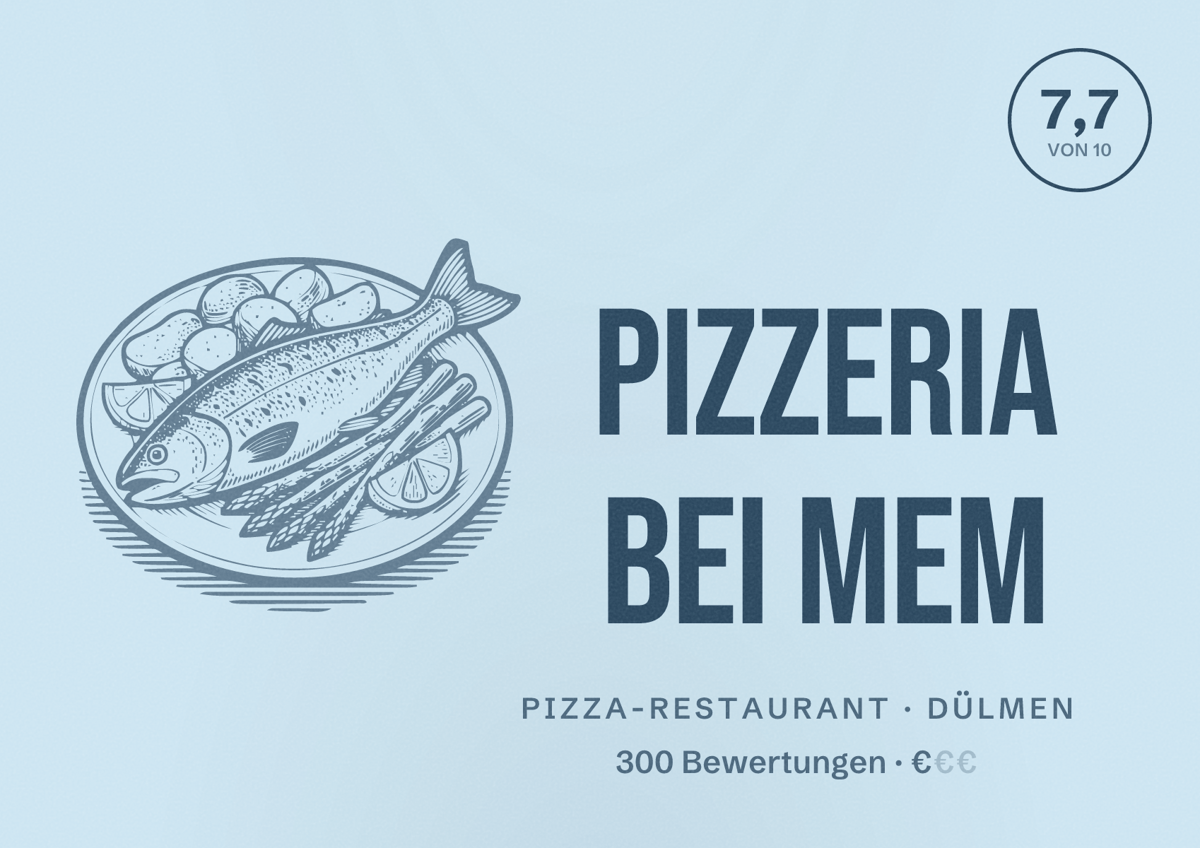 Illustriertes Poster von Pizzeria Bei Mem, Pizza-Restaurant in Dülmen: Bewertung 7,7 von 10 aus 300 Bewertungen, Preisniveau €