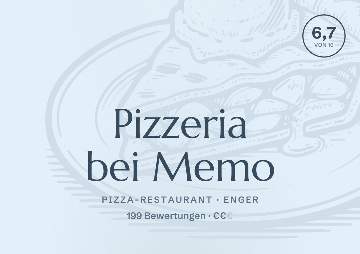Illustriertes Poster von Pizzeria bei Memo, Pizza-Restaurant in Enger: Bewertung 6,7 von 10 aus 199 Bewertungen, Preisniveau €€