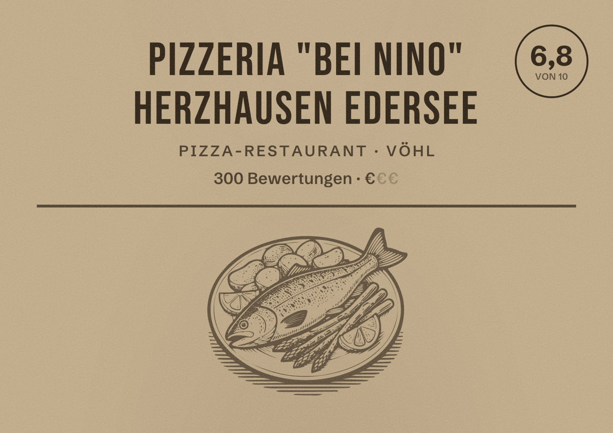 Illustriertes Poster von Pizzeria "Bei Nino" Herzhausen Edersee, Pizza-Restaurant in Vöhl: Bewertung 6,8 von 10 aus 300 Bewertungen, Preisniveau €