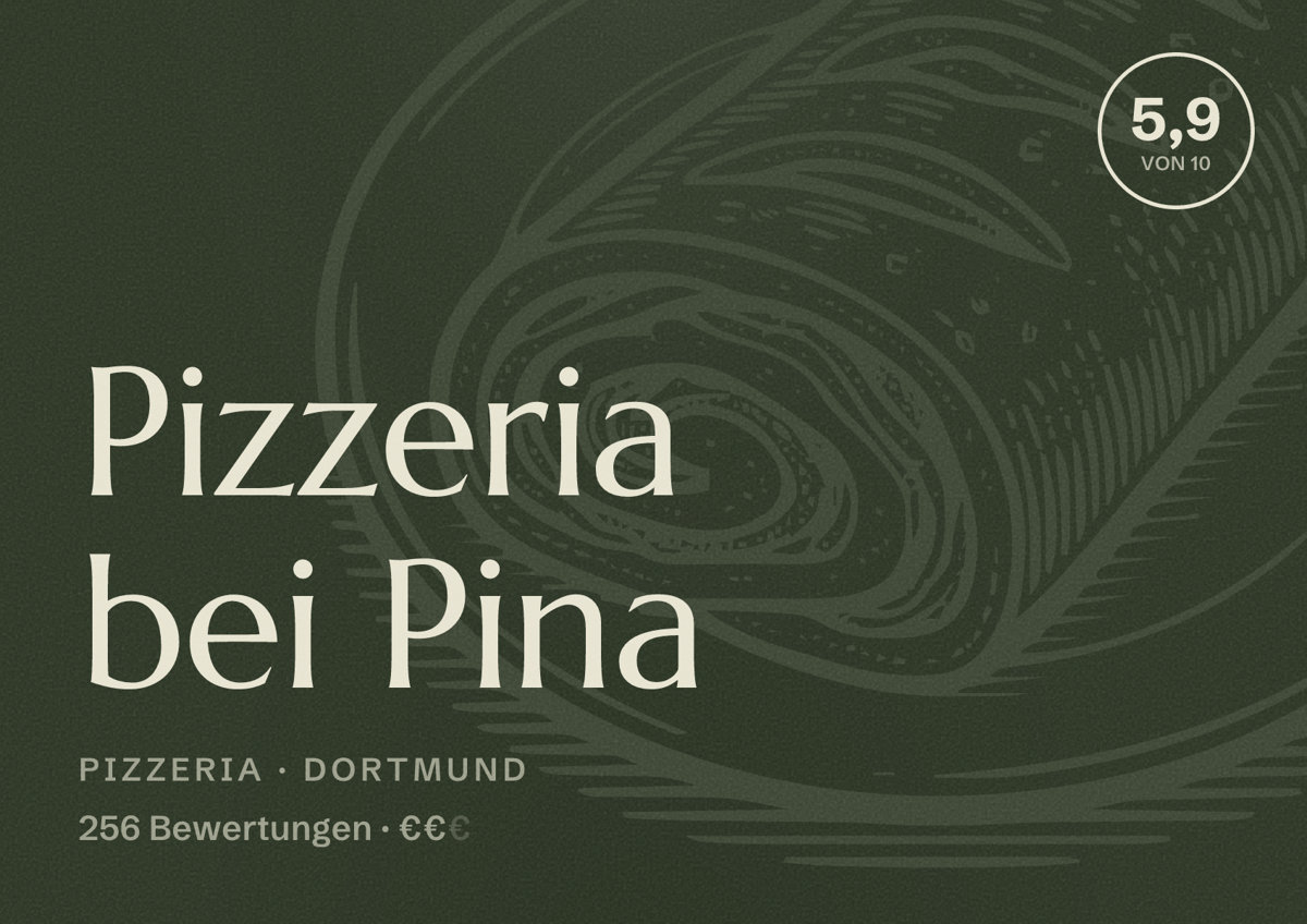 Illustriertes Poster von Pizzeria bei Pina, Pizzeria in Dortmund: Bewertung 5,9 von 10 aus 256 Bewertungen, Preisniveau €€