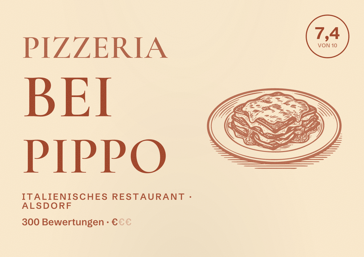 Illustriertes Poster von Pizzeria Bei Pippo, Italienisches Restaurant in Alsdorf: Bewertung 7,4 von 10 aus 300 Bewertungen, Preisniveau €
