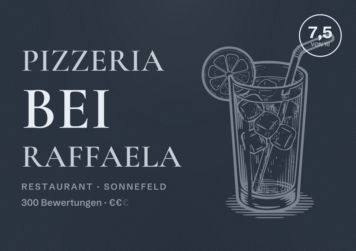 Illustriertes Poster von Pizzeria Bei Raffaela, Restaurant in Sonnefeld: Bewertung 7,5 von 10 aus 300 Bewertungen, Preisniveau €€