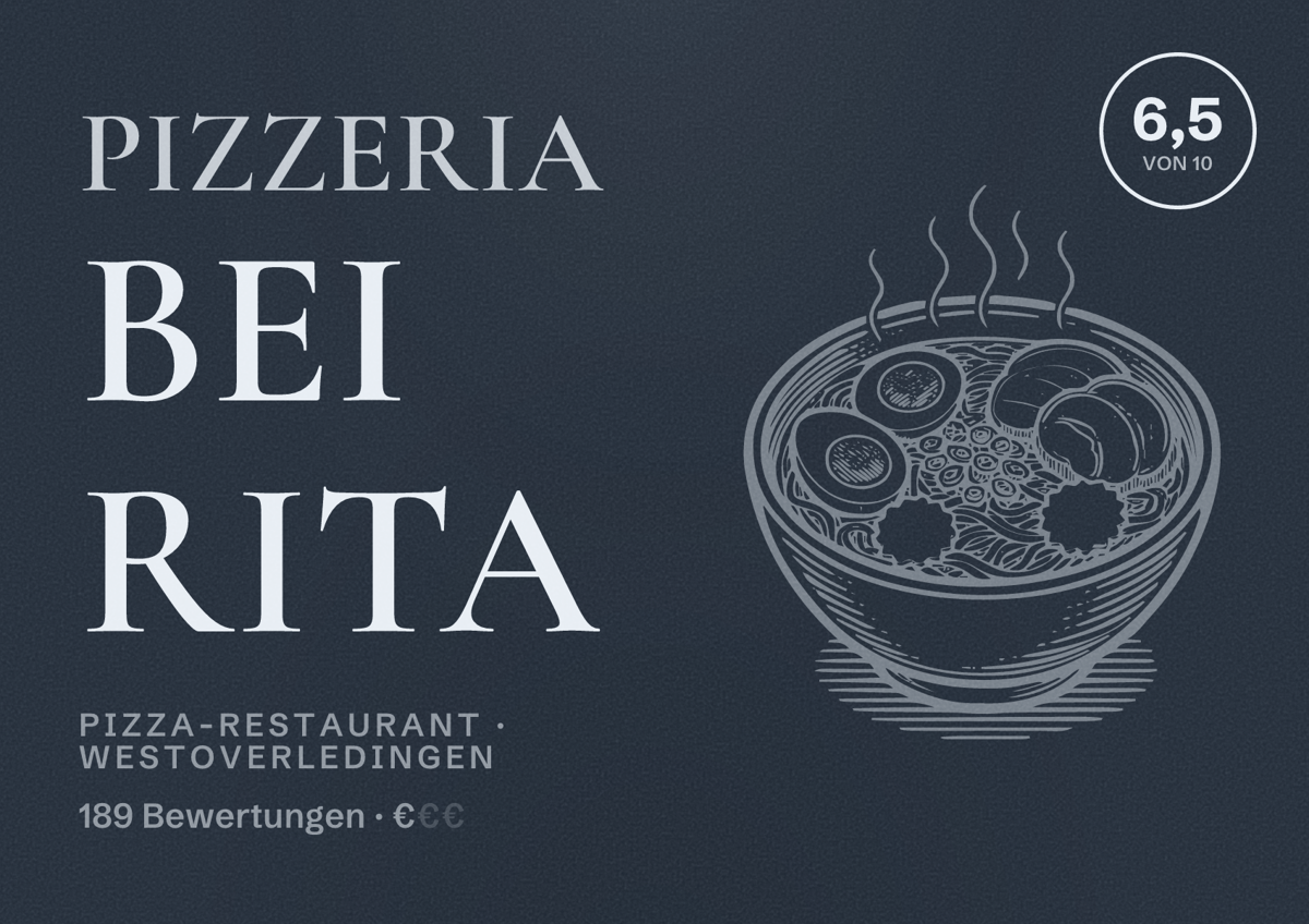 Illustriertes Poster von Pizzeria Bei Rita, Pizza-Restaurant in Westoverledingen: Bewertung 6,5 von 10 aus 189 Bewertungen, Preisniveau €