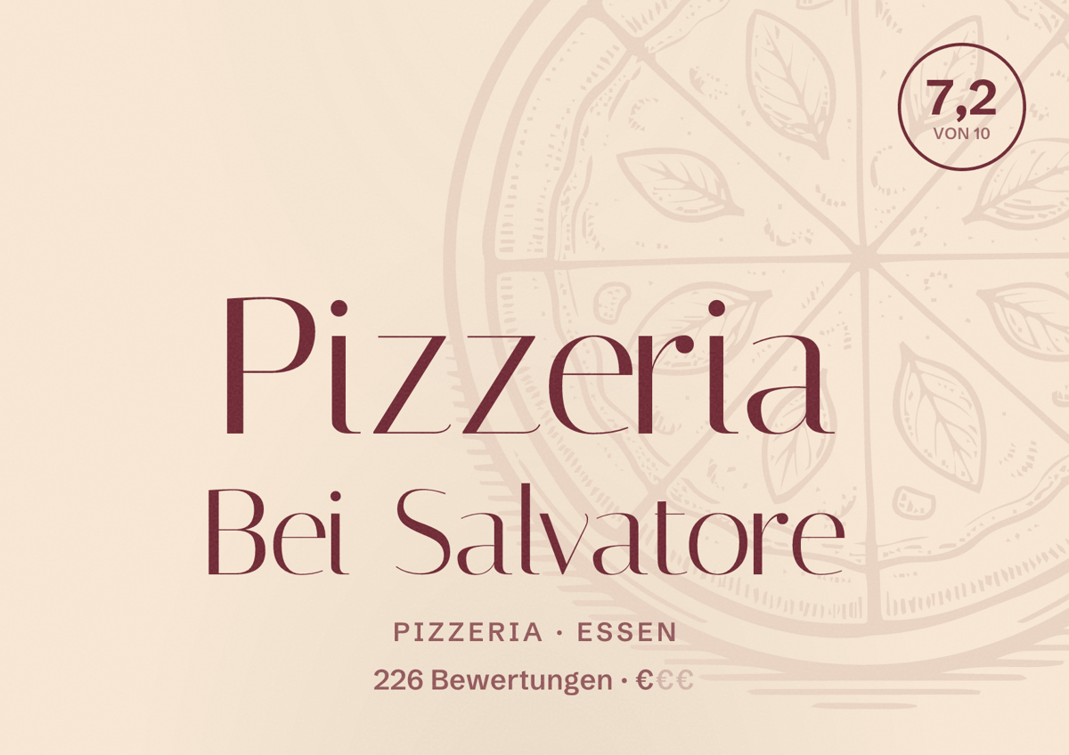Illustriertes Poster von Pizzeria Bei Salvatore, Pizzeria in Essen: Gästebewertung 7,2 von 10 aus 226 Bewertungen