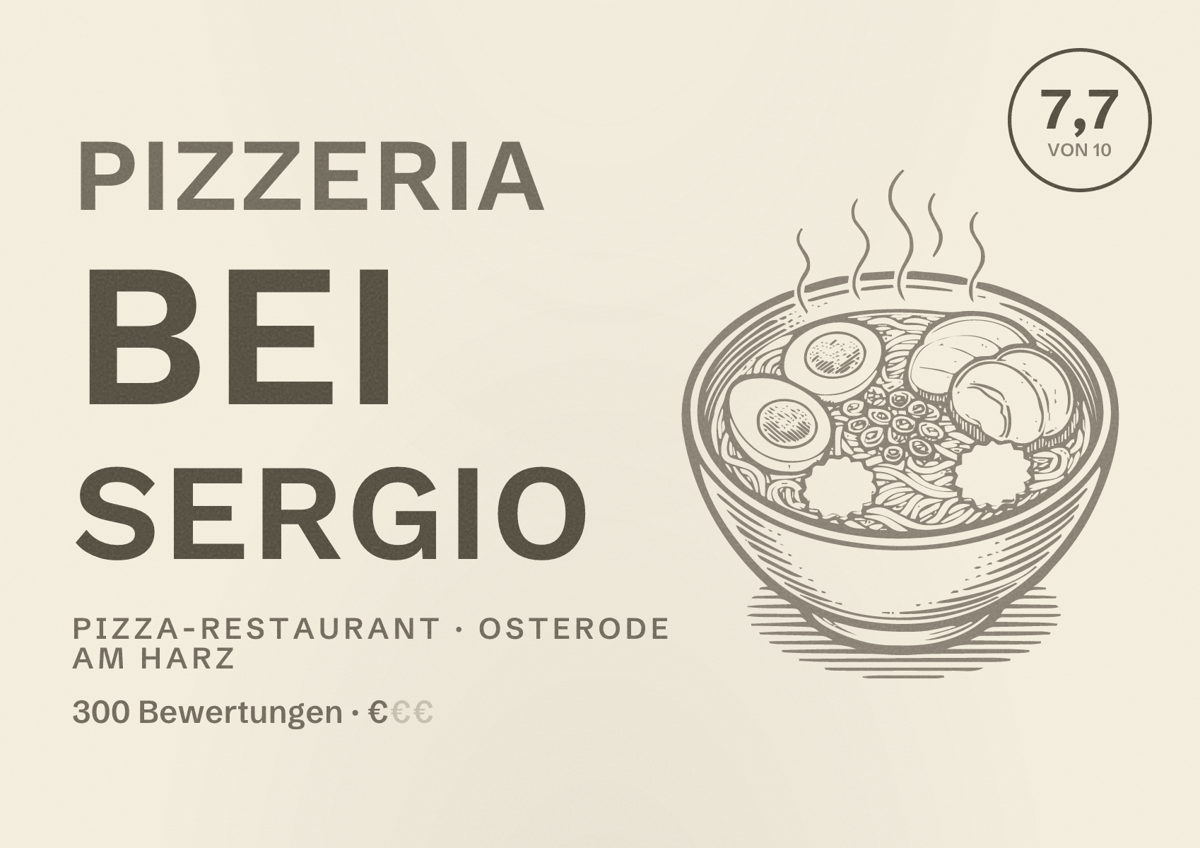 Illustriertes Poster von Pizzeria bei Sergio, Pizza-Restaurant in Osterode am Harz: Bewertung 7,7 von 10 aus 300 Bewertungen, Preisniveau €
