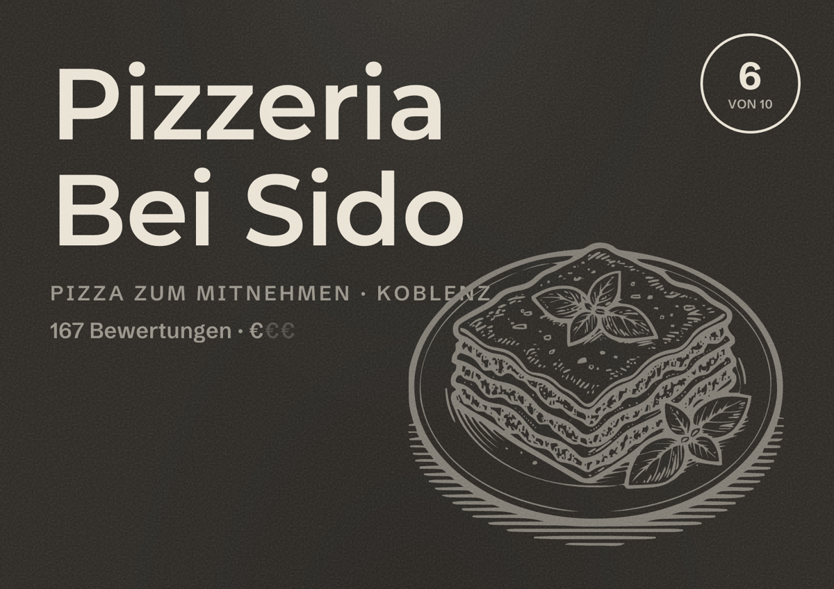 Illustriertes Poster von Pizzeria Bei Sido, Pizza zum Mitnehmen in Koblenz: Bewertung 6 von 10 aus 167 Bewertungen, Preisniveau €