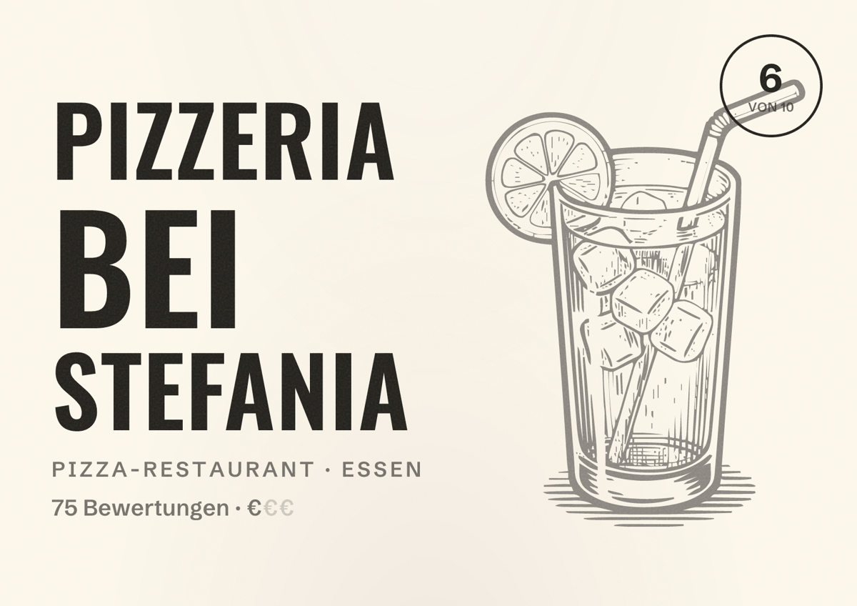 Illustriertes Poster von Pizzeria bei Stefania, Pizza-Restaurant in Essen: Bewertung 6 von 10 aus 75 Bewertungen, Preisniveau €