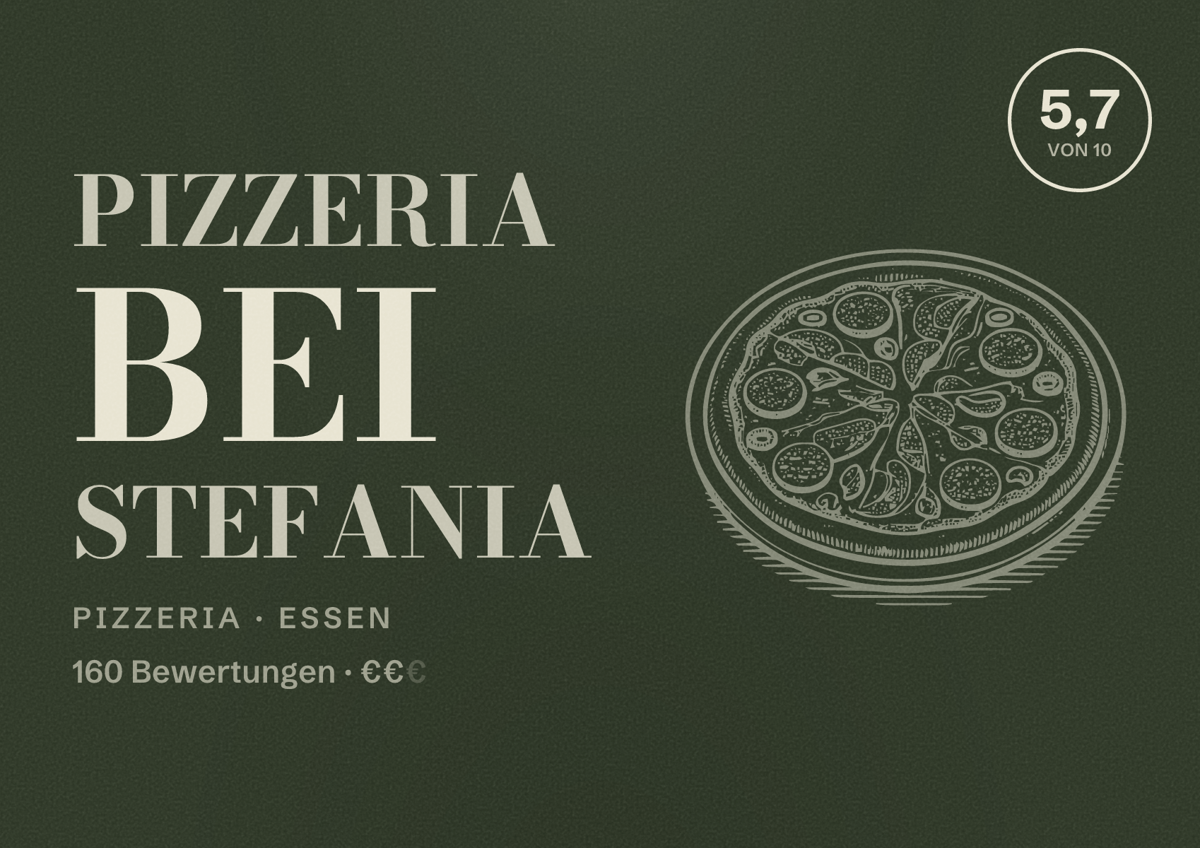 Illustriertes Poster von Pizzeria bei Stefania, Pizzeria in Essen: Bewertung 5,7 von 10 aus 160 Bewertungen, Preisniveau €€