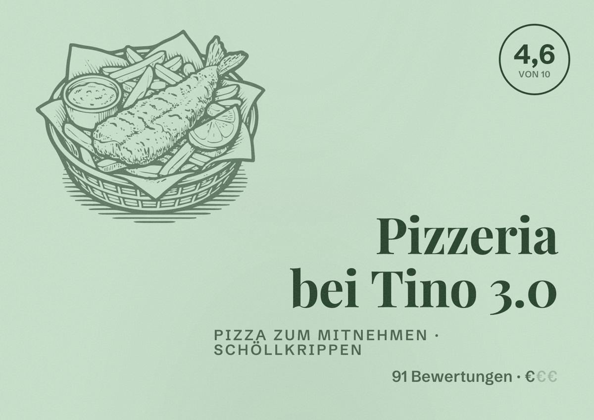 Illustriertes Poster von Pizzeria bei Tino 3.0, Pizza zum Mitnehmen in Schöllkrippen: Bewertung 4,6 von 10 aus 91 Bewertungen, Preisniveau €