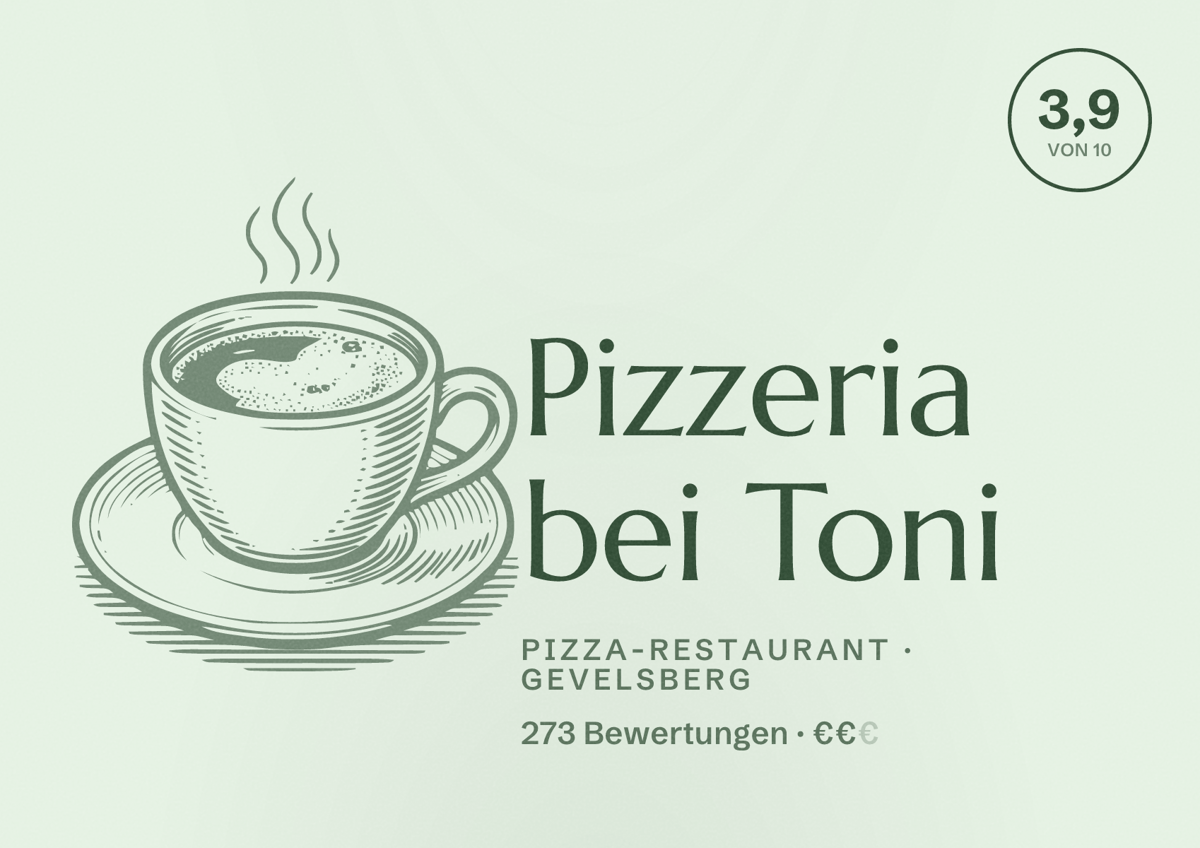 Illustriertes Poster von Pizzeria bei Toni, Pizza-Restaurant in Gevelsberg: Bewertung 3,9 von 10 aus 273 Bewertungen, Preisniveau €€
