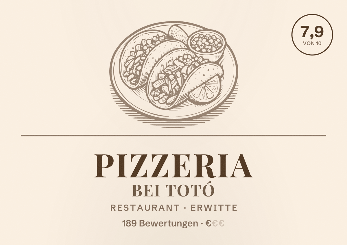 Illustriertes Poster von Pizzeria bei Totó, Restaurant in Erwitte: Bewertung 7,9 von 10 aus 189 Bewertungen, Preisniveau €