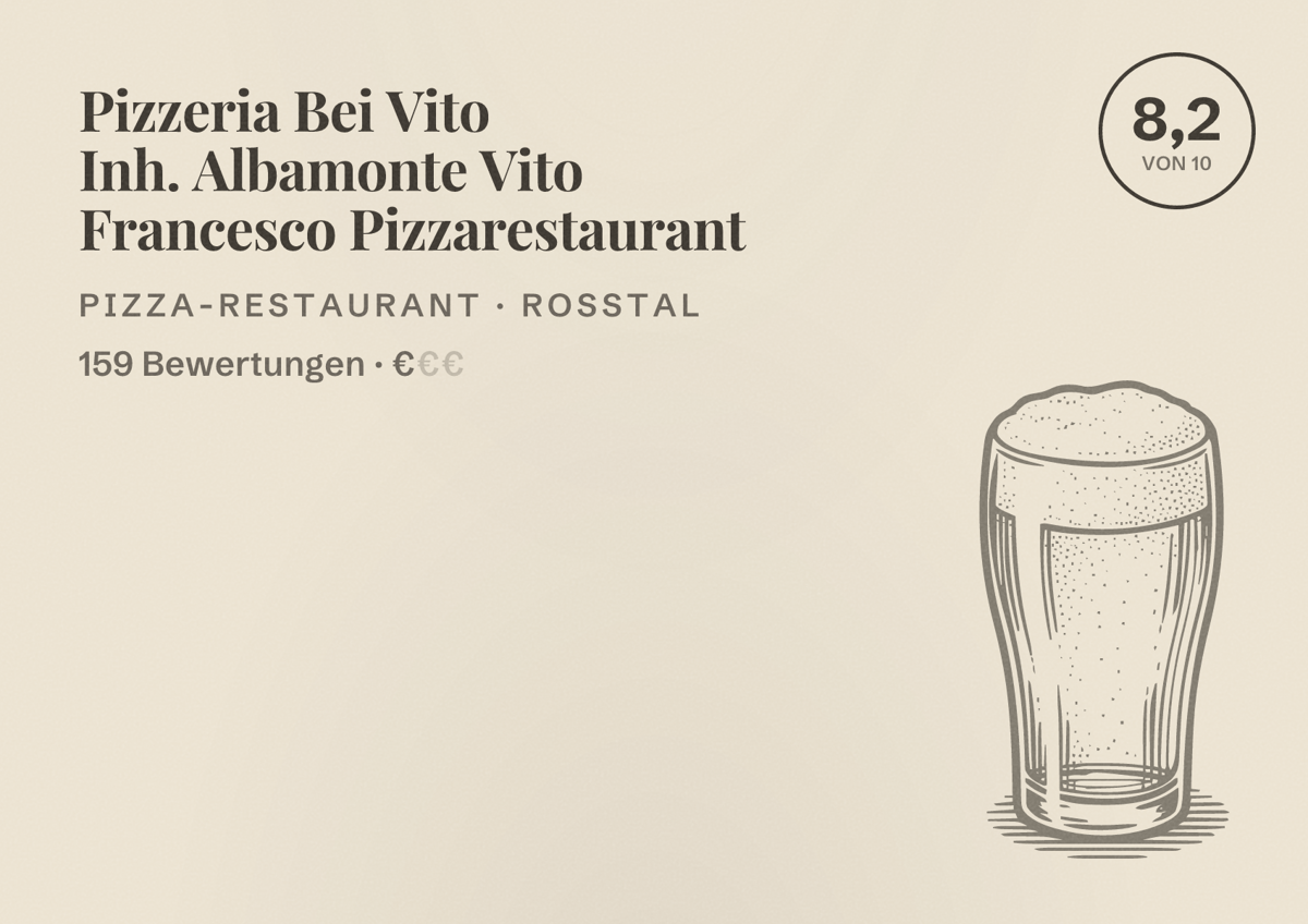 Illustriertes Poster von Pizzeria Bei Vito Inh. Albamonte Vito Francesco Pizzarestaurant, Pizza-Restaurant in Roßtal: Bewertung 8,2 von 10 aus 159 Bewertungen, Preisniveau €