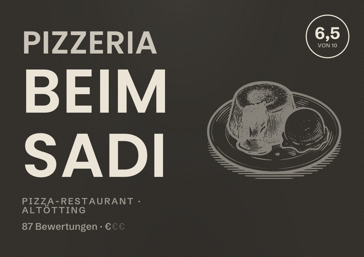 Illustriertes Poster von Pizzeria beim Sadi, Pizza-Restaurant in Altötting: Bewertung 6,5 von 10 aus 87 Bewertungen, Preisniveau €