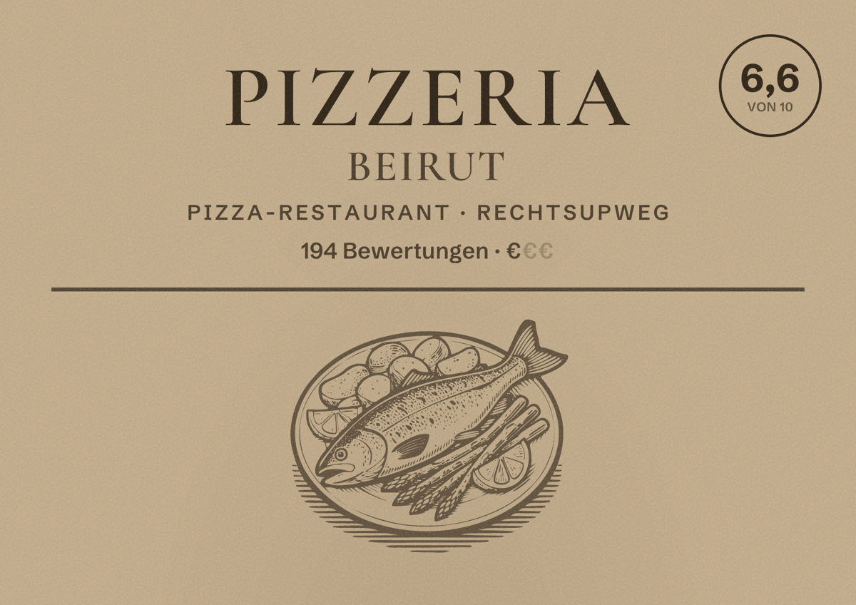 Illustriertes Poster von Pizzeria Beirut, Pizza-Restaurant in Rechtsupweg: Bewertung 6,6 von 10 aus 194 Bewertungen, Preisniveau €