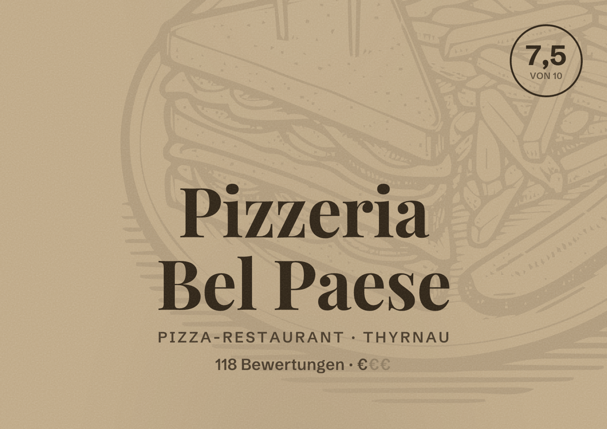 Illustriertes Poster von Pizzeria Bel Paese, Pizza-Restaurant in Thyrnau: Bewertung 7,5 von 10 aus 118 Bewertungen, Preisniveau €