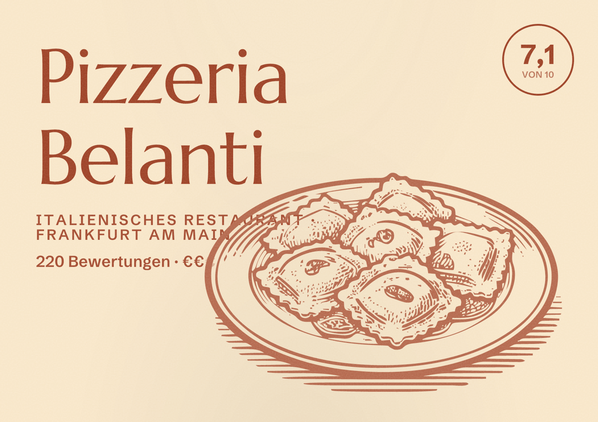 Illustriertes Poster von Pizzeria Belanti, Italienisches Restaurant in Frankfurt am Main: Bewertung 7,1 von 10 aus 220 Bewertungen, Preisniveau €€