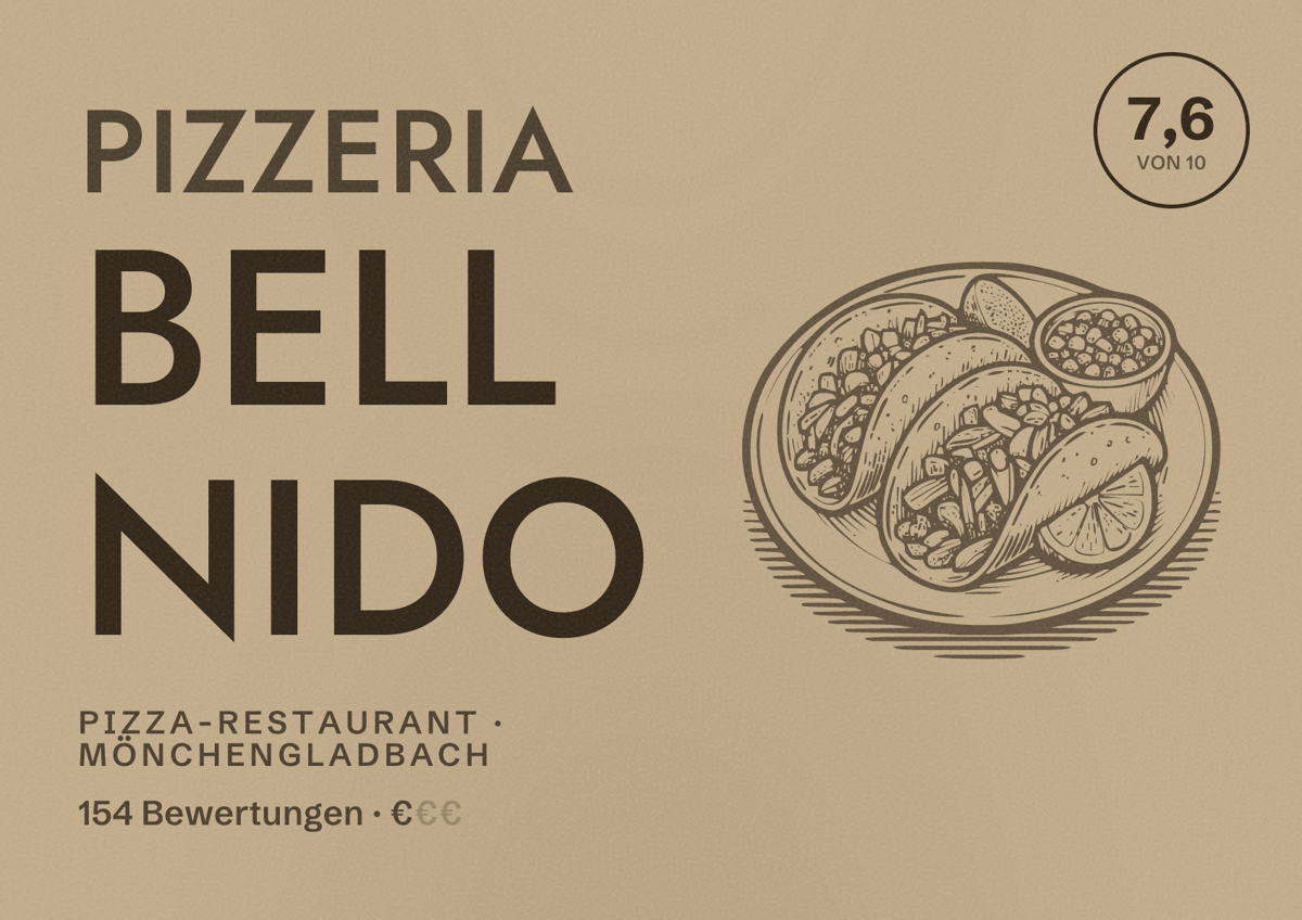 Illustriertes Poster von Pizzeria bell nido, Pizza-Restaurant in Mönchengladbach: Bewertung 7,6 von 10 aus 154 Bewertungen, Preisniveau €