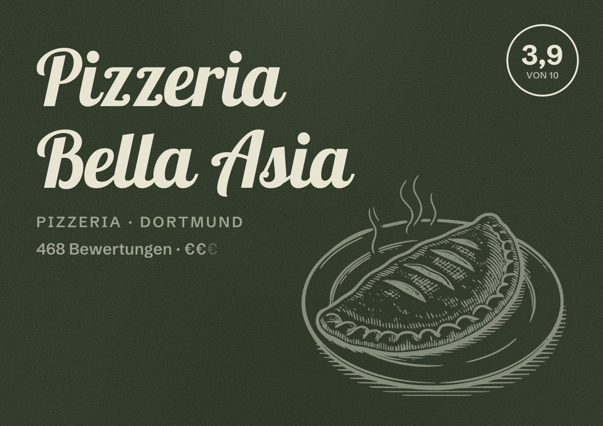 Illustriertes Poster von Pizzeria Bella Asia, Pizzeria in Dortmund: Bewertung 3,9 von 10 aus 468 Bewertungen, Preisniveau €€
