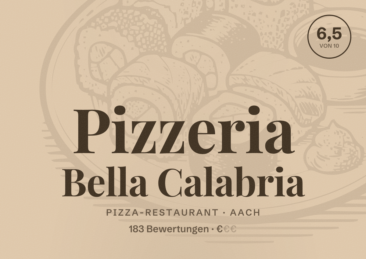 Illustriertes Poster von Pizzeria Bella Calabria, Pizza-Restaurant in Aach: Bewertung 6,5 von 10 aus 183 Bewertungen, Preisniveau €