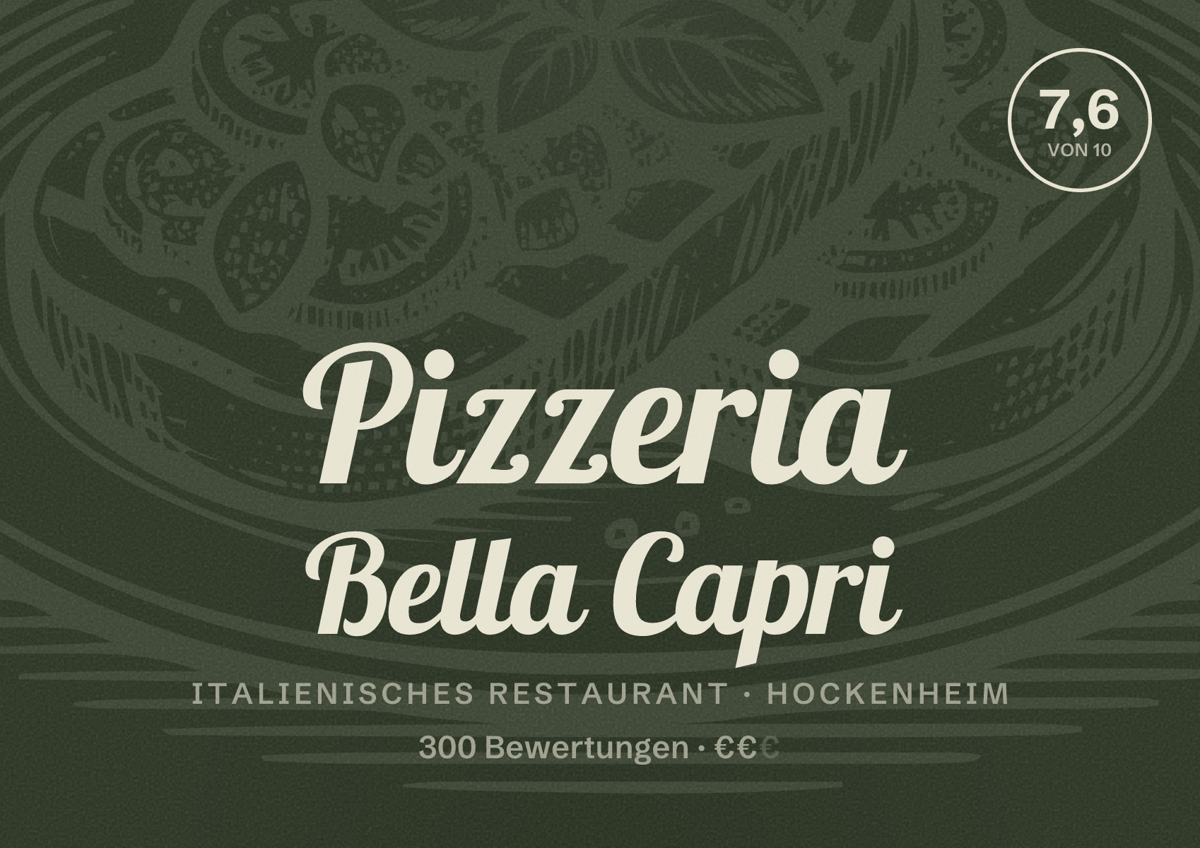 Illustriertes Poster von Pizzeria Bella Capri, Italienisches Restaurant in Hockenheim: Bewertung 7,6 von 10 aus 300 Bewertungen, Preisniveau €€