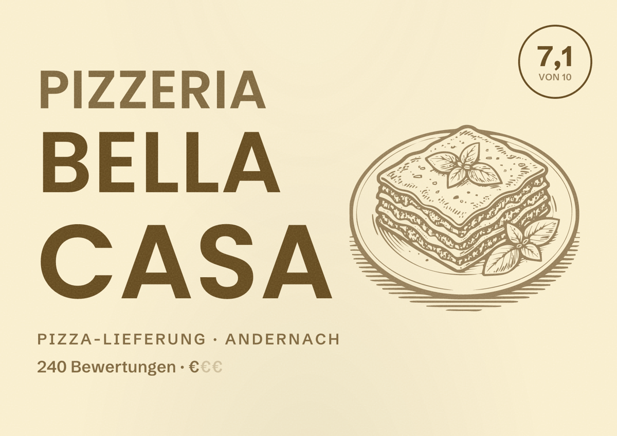 Illustriertes Poster von Pizzeria Bella Casa, Pizza-Lieferung in Andernach: Bewertung 7,1 von 10 aus 240 Bewertungen, Preisniveau €