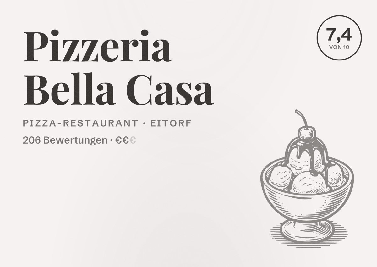 Illustriertes Poster von Pizzeria Bella Casa, Pizza-Restaurant in Eitorf: Bewertung 7,4 von 10 aus 206 Bewertungen, Preisniveau €€