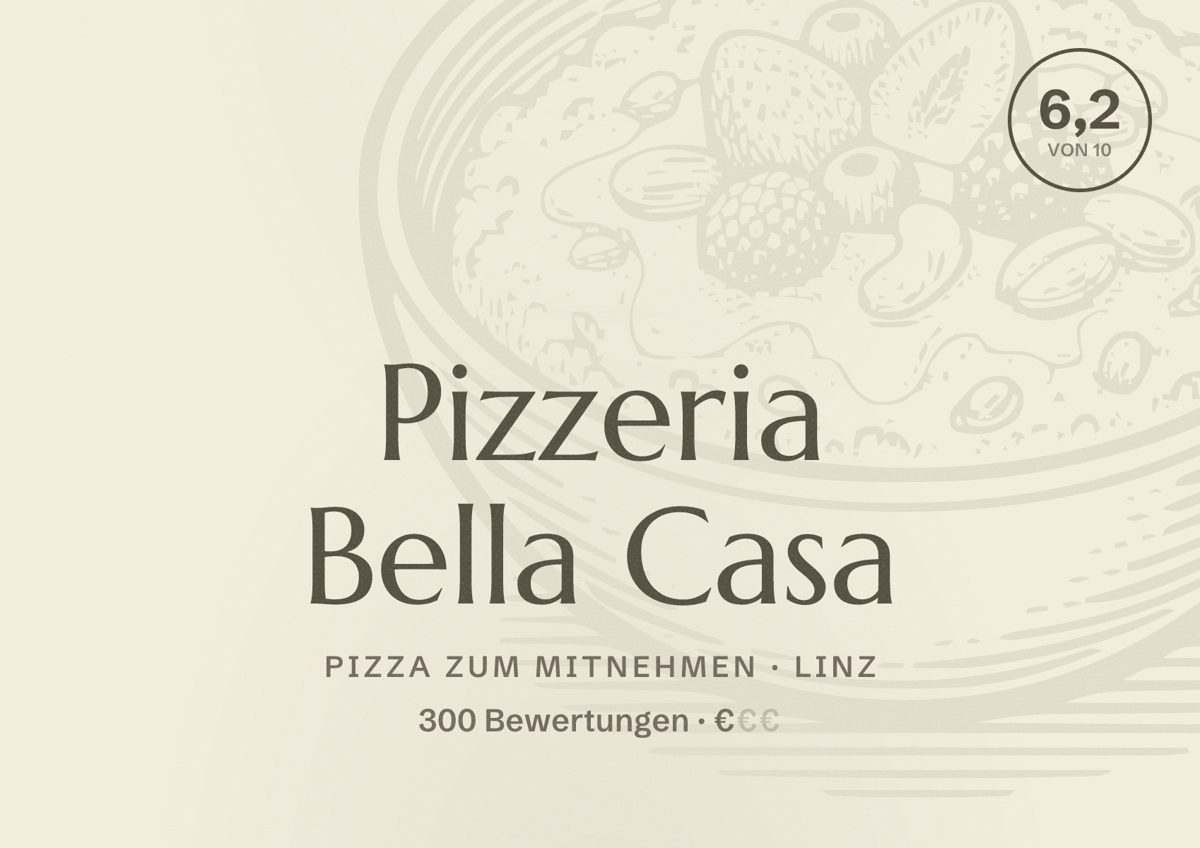 Illustriertes Poster von Pizzeria Bella Casa, Pizza zum Mitnehmen in Linz: Bewertung 6,2 von 10 aus 300 Bewertungen, Preisniveau €