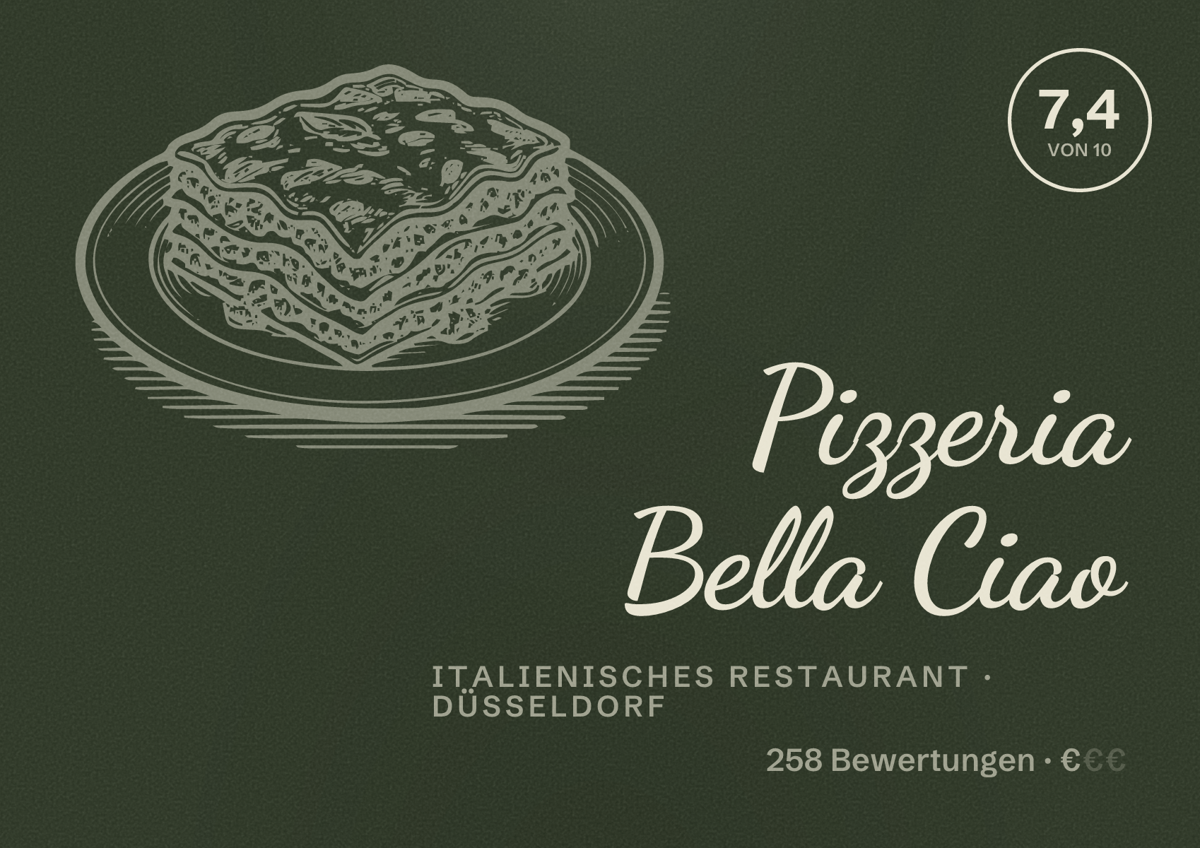 Illustriertes Poster von Pizzeria Bella Ciao, Italienisches Restaurant in Düsseldorf: Bewertung 7,4 von 10 aus 258 Bewertungen, Preisniveau €